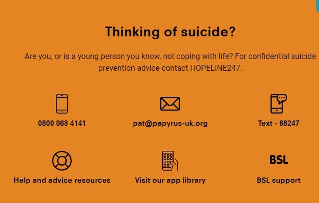 LymmHighSchool's tweet photo. Papyrus is an amazing service that can offer help and support if you are struggling to manage your feelings. There are lots of ways to contact them and you can do what feels right for you. Go to the website for more information: 
https://t.co/ldIrSwuhx3 https://t.co/RkfjSPRq1y