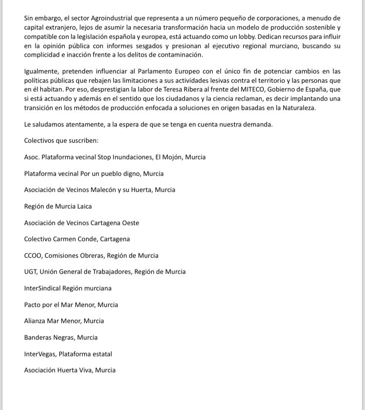 RosaRodaNews's tweet photo. #IMPORTANTE 14 colectivos mandan una carta a la presidenta de la Comisión Europea, Von der Leyen, defendiendo la gestión de la ministra @Teresaribera en el Mar Menor. 

También alertan de los oscuros de un reducido grupo de corporaciones del sector agroindustrial 👇 https://t.co/l76mvZp5sj
