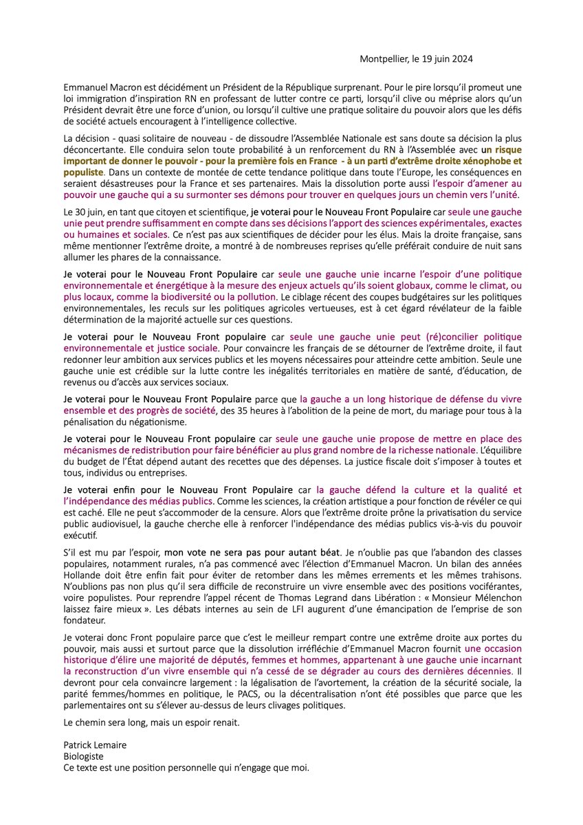 Dans ces temps troubles et incertains, quelques mots pour expliquer pourquoi je voterai #NouveauFrontPopulaire aux élections législatives.