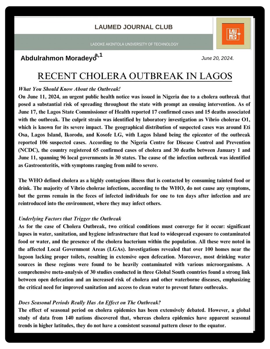 LaumedC's tweet photo. LAUMED Journal Club Weekly Publication
#cholera #NigeriaNews #Laumedjc #journalclub https://t.co/iECwvQ0jOC