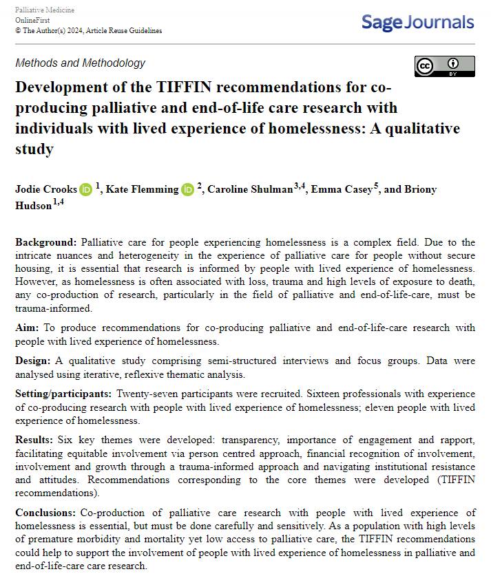 "To address the actual needs of people, you have to involve those who are experiencing those difficulties".

Our TIFFIN recommendations for involving people with lived experience of homelessness in #peolc research are now live in <a href="/PalliativeMedJ/">Palliative Medicine</a> 🚀

journals.sagepub.com/doi/epub/10.11…