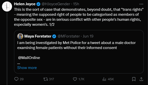 AidanCTweets's tweet photo. It is not a human right to go online and publicly imply that a named transgender medical professional is a pervert who 'enjoys intimately examining women' for doing their job. And it's not like Maya doesn't have form for doing this to other trans people...1/ https://t.co/qlOL1QgUQh