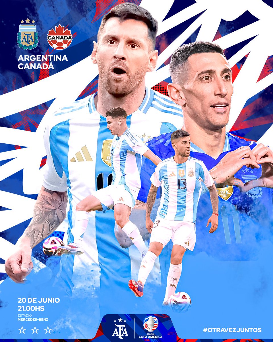 Argentina's tweet photo. 🏆 #CopaAmérica
🗓 Fecha 1 - Grupo A
⚽ @Argentina 🇦🇷 - #Canadá 🇨🇦
⏱ 21.00
🧑‍���️ Jesús Valenzuela 🇻🇪
🏟 Mercedes-Benz Stadium
📝 https://t.co/2I1nAyqwuz https://t.co/F1n2dN7M1k