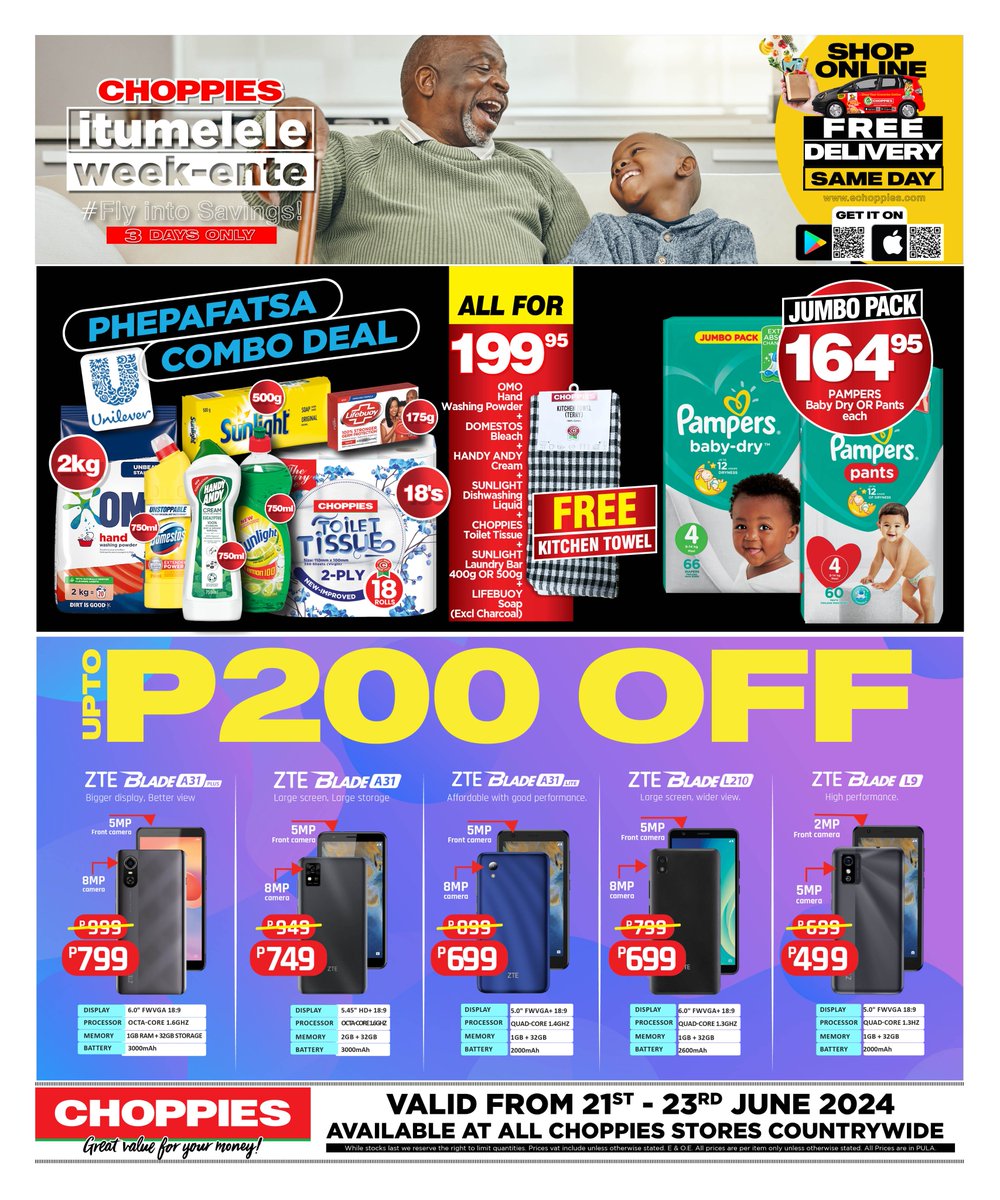 🌟 This Weekend Just Got Better! 🌟 Score unbeatable deals at Choppies and turn your shopping list into a savings list!
Prices valid till 23rd June 2024.
Also, make sure to follow our WhatsApp channel to get instant updates and surprise contests here: whatsapp.com/channel/0029Va…