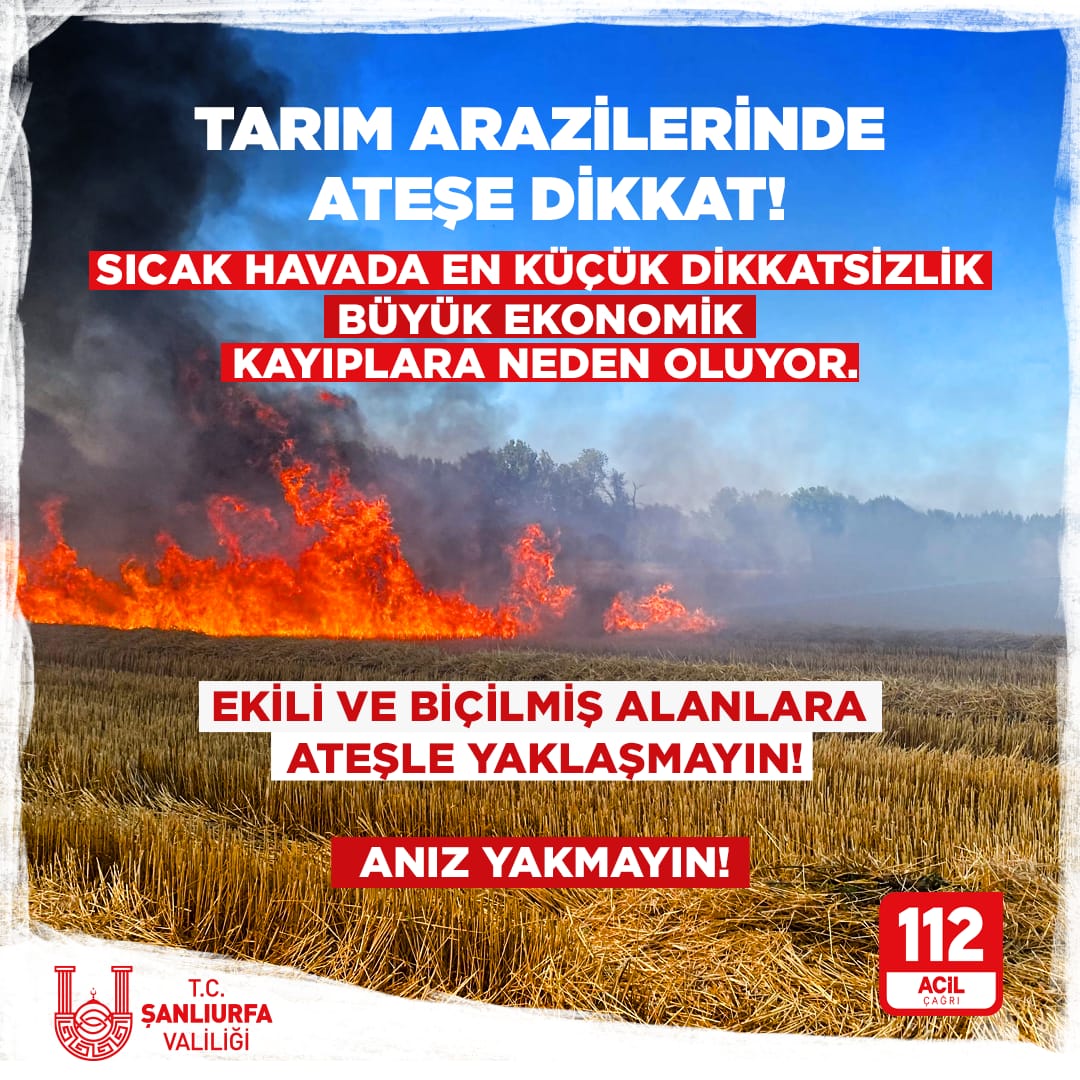 🔺TARIM ARAZİLERİNE ATEŞLE YAKLAŞMAYIN🔥

⚠️SON GÜNLERDE EKİLİ  ALANLARDA ÇOK SAYIDA YANGIN MEYDANA GELİYOR❗️

🔺BÜYÜK ÜRÜN KAYIPLARINA YOL AÇAN BU YANGINLARI ÖNLEMEK İÇİN;

♦️ANIZ YAKMAYIN❕
♦️ARAZİLERDE ATEŞTEN UZAK DURUN❕

🔺ANIZ YAKANLARI 112’YE BİLDİRİN❗️

🔺KURALLARA