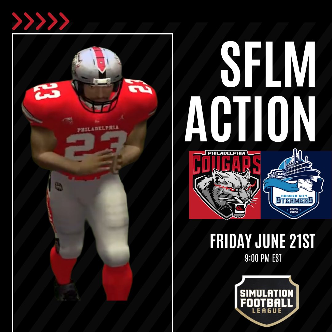 Here we go last game of the first half of the <a href="/SimulationFLm/">SFLm</a> season. Be sure to tune in as we travel to Bossier City to take on n the steamers. #Cougarnation #thephillyway