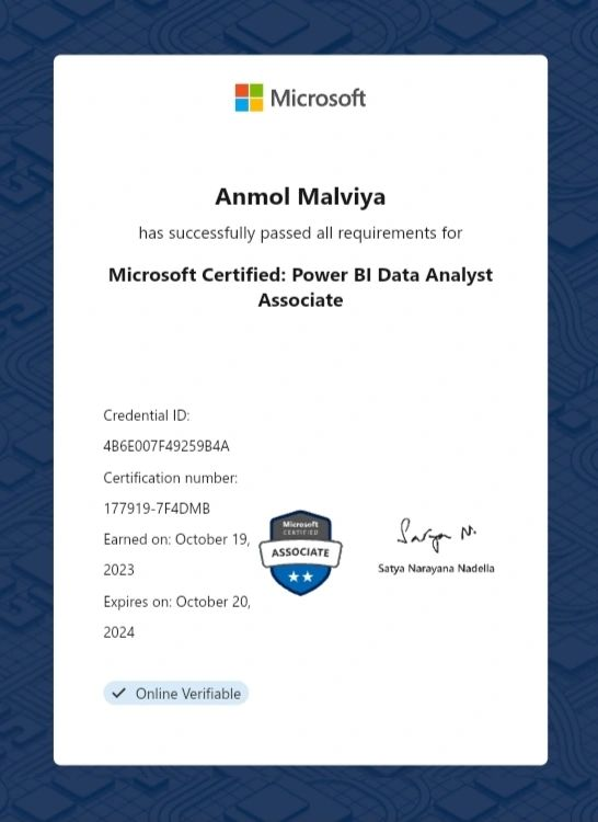 🎉 Exciting news! I am thrilled to announce that I am now a Microsoft Certified Data Analyst! 

🚀 I recently cleared the PL-300 exam with a score of 906/1000, marking a significant milestone in my professional development journey. 📚💪