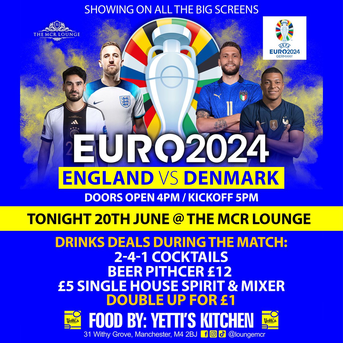Join us for the electrifying match today as #England takes on #Denmark in @EURO2024!  🏴󠁧󠁢󠁥󠁮󠁧󠁿⚽🇩🇰

Door opens at 4PM, kickoff at 5PM 🔥 🔥 🔥 Reserve your table from £15 claimable for bar tap 🍻

Tickets: bit.ly/3RBoOiv

#Euro2024 #Football #Manchester