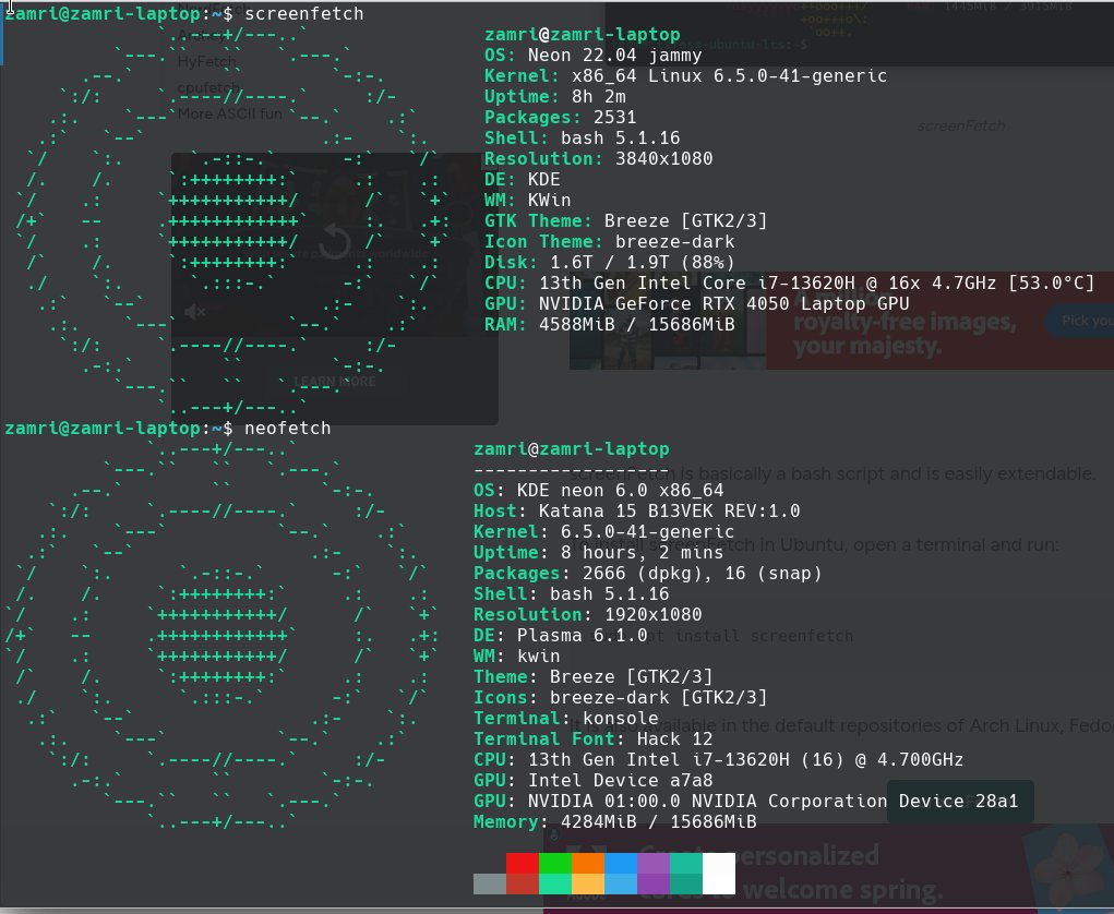 muhdzamri's tweet image. The output differences 
#neofetch #screenfetch #linux #kdeneon