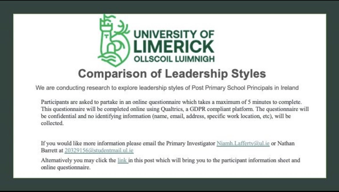 Calling all Post Primary school leaders, I would appreciate 5mins of your time to complete the survey comparing PP School Leadership styles. The participant information note and the online questionnaire can be accessed here: lnkd.in/ezzfsywi <a href="/lafferty_niamh/">Niamh M Lafferty</a>