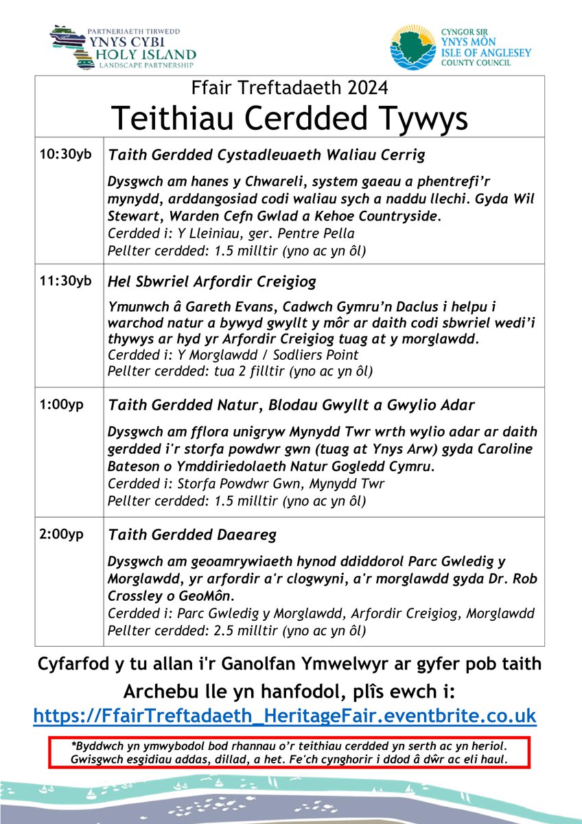 Ffair Treftadaeth Partneriaeth Tirwedd Ynys Cybi 2024
6ed Gorffennaf, Parc Gwledig Morglawdd, Caergybi.
Gweler y posteri am weithgareddau sydd angen eu harchebu.
Archebwch eich lle yn: …tadaeth_HeritageFair.eventbrite.co.uk