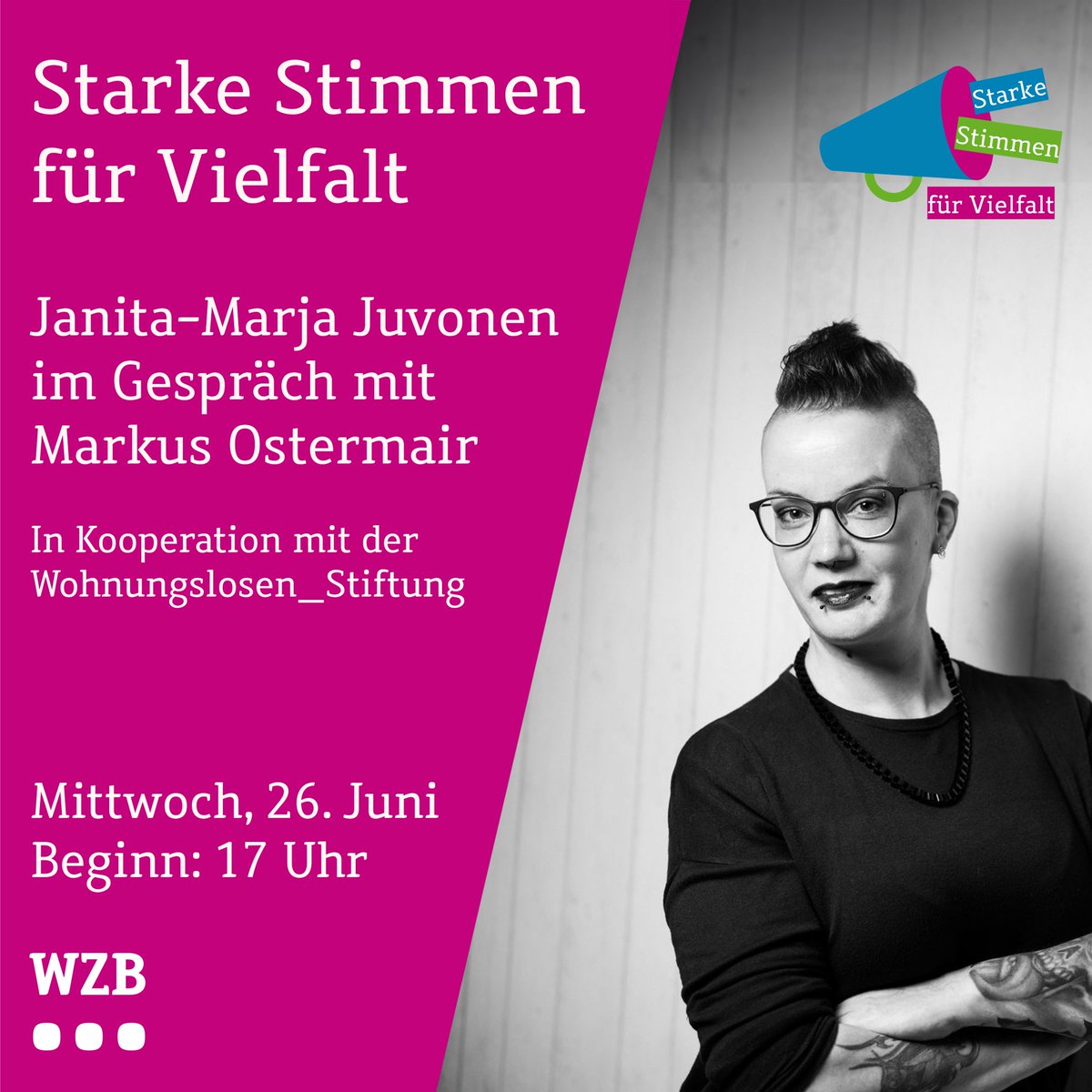 Am Mittwoch bei uns: Starke Stimmen für Vielfalt mit den Autor*innen Janita-Marja Juvonen (<a href="/Auzurueck/">Einmal Absturz und zurück</a>) und Markus Ostermair über die harte Realität der Obdachlosigkeit. In Kooperation mit der <a href="/wolo_stiftung/">Wohnungslosen_Stiftung</a> 🤝 Eintritt frei, Anmeldung: wzb.eu/de/veranstaltu…