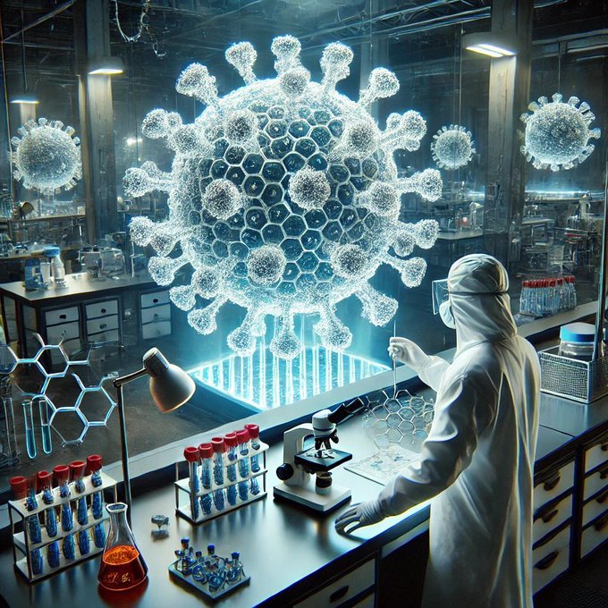 A image depicting a scientist working on engineering adenoviruses for gene therapy and vaccines. The scene shows a scientist in a lab coat and safety gear, closely examining a large, glowing, virus-like structure with intricate molecular details. The lab is filled with advanced scientific equipment and has a high-tech, futuristic ambiance. The atmosphere is focused and innovative, highlighting the advanced research in gene therapy and vaccine development.