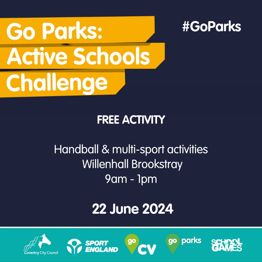 Coventry Sport (@covsport) on Twitter photo FREE pop-up #GoParks activity today!
🤾Join us in Willenhall for FREE Handball & multi-sport activities with <a href="/YMCAHeart/">YMCA Heart of England</a> !
📍 Willenhall Brookstray, CV3 3AT
🗓️ Sat 22 Jun
🕘 9am - 1pm (Come at anytime)
🏅📲 Remember to scan to win points! <a href="/SGOCoventryWest/">SGO Coventry West Danny Kingham</a> <a href="/SGOCoventryEast/">SGO Coventry East Stuart Davoile</a> FREE pop-up #GoParks activity today!
🤾Join us in Willenhall for FREE Handball & multi-sport activities with <a href="/YMCAHeart/">YMCA Heart of England</a> !
📍 Willenhall Brookstray, CV3 3AT
🗓️ Sat 22 Jun
🕘 9am - 1pm (Come at anytime)
🏅📲 Remember to scan to win points! <a href="/SGOCoventryWest/">SGO Coventry West Danny Kingham</a> <a href="/SGOCoventryEast/">SGO Coventry East Stuart Davoile</a>