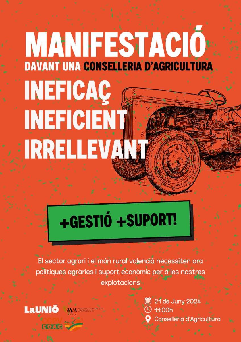 La Unió Llauradora i Ramadera (@uniollauradora) on Twitter photo 🚜 👩🌾 🧑🌾 Demà divendres 21 juny les organitzacions agràries <a href="/UnioLlauradora/">La Unió Llauradora i Ramadera</a> <a href="/ava_asaja/">Associació Valenciana d'Agricultors</a> i <a href="/CCPVCOAG/">CCPV-COAG</a> ens concentrem a la <a href="/GVAagricultura/">GVA Agricultura, Agua, Ganadería y Pesca</a> a València. Ja estem farts de bones paraules, reclamem + gestió, + fets, + realitats. En un any no s'ha fet quasi res
👇
bit.ly/4cap28o 🚜 👩🌾 🧑🌾 Demà divendres 21 juny les organitzacions agràries <a href="/UnioLlauradora/">La Unió Llauradora i Ramadera</a> <a href="/ava_asaja/">Associació Valenciana d'Agricultors</a> i <a href="/CCPVCOAG/">CCPV-COAG</a> ens concentrem a la <a href="/GVAagricultura/">GVA Agricultura, Agua, Ganadería y Pesca</a> a València. Ja estem farts de bones paraules, reclamem + gestió, + fets, + realitats. En un any no s'ha fet quasi res
👇
bit.ly/4cap28o