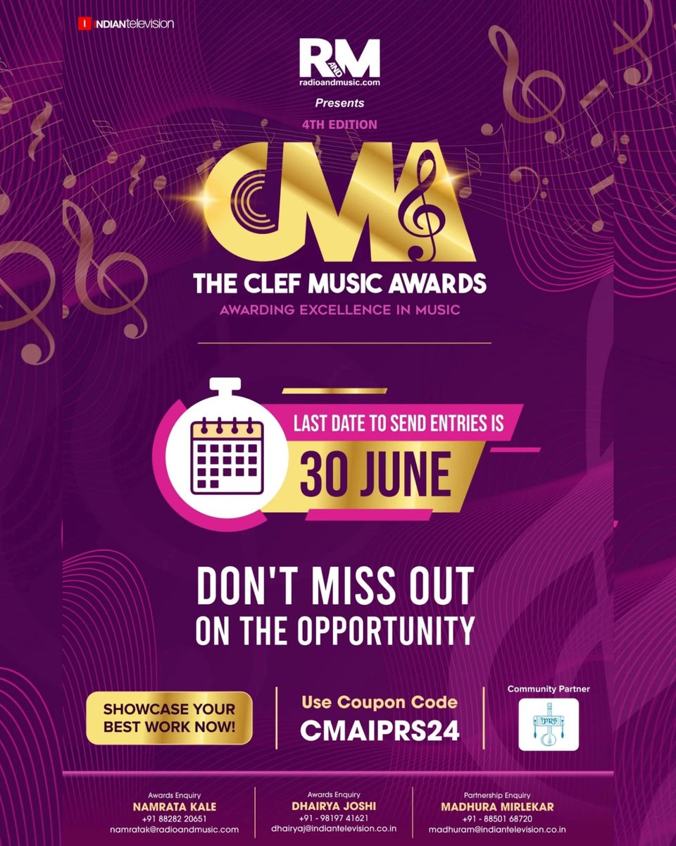 Indian Performing Right Society Limited (@iprsmusic) on Twitter photo IPRS is glad to participate as a community partner in the 4th edition of Clef Music Awards - Awarding Excellence In Music.
CMA 2024 will celebrate the music accomplishments of lyricists, composers, musicians, bands and record labels pan India.
<a href="/radioandmusic/">RadioandMusic.com</a> <a href="/ITVNewz/">Indiantelevision.com</a> IPRS is glad to participate as a community partner in the 4th edition of Clef Music Awards - Awarding Excellence In Music.
CMA 2024 will celebrate the music accomplishments of lyricists, composers, musicians, bands and record labels pan India.
<a href="/radioandmusic/">RadioandMusic.com</a> <a href="/ITVNewz/">Indiantelevision.com</a>