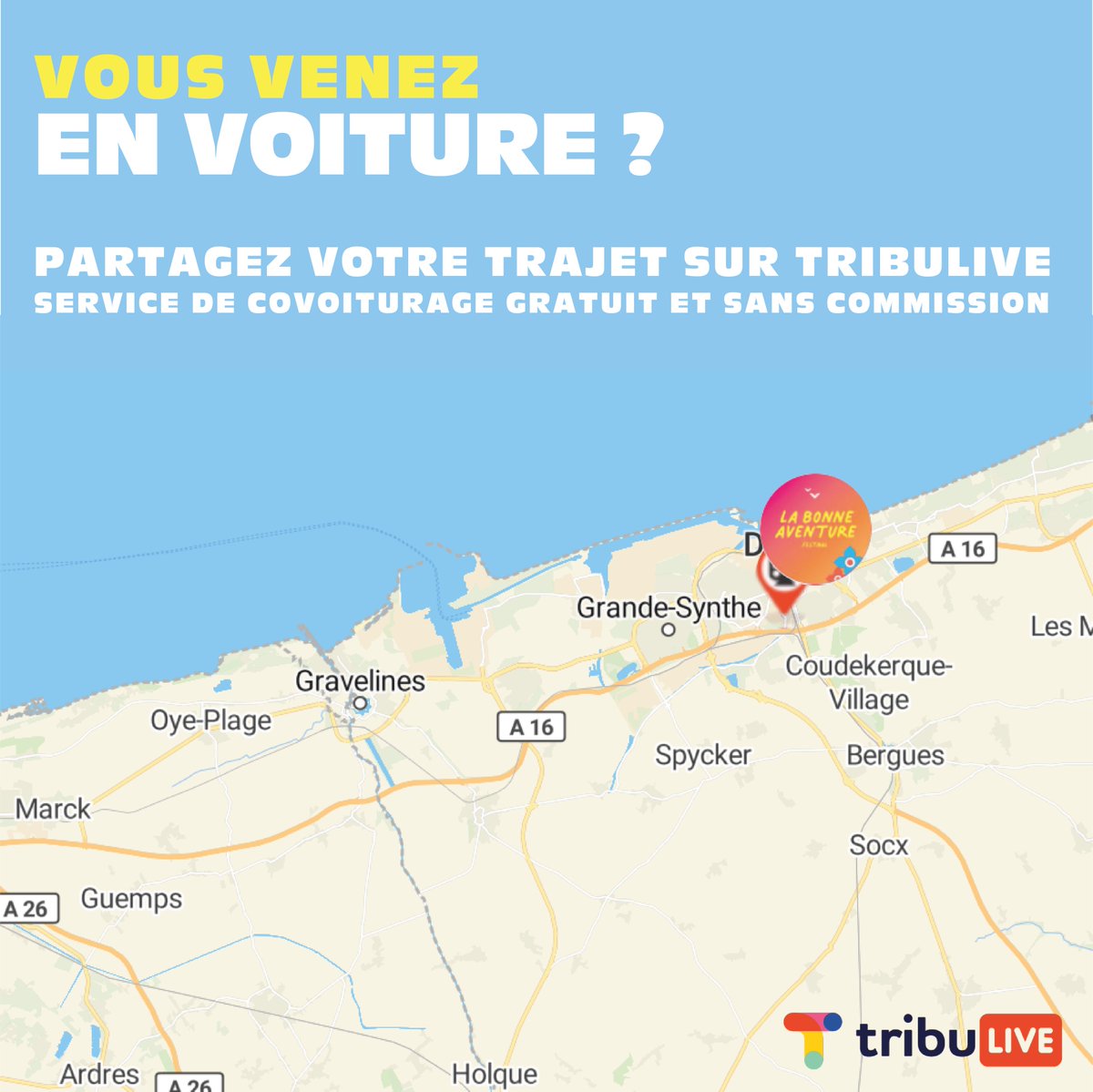 Vous venez en voiture jusqu’à la Bonne Aventure ? Mettez votre trajet sur Tribulive pour voyager à plusieurs ! 🚗  La Bonne Aventure collabore avec Tribulive, un service de covoiturage qui recense les différents moyens de transport pour venir au festival.
tribulive.mobi/fr/events/labo…