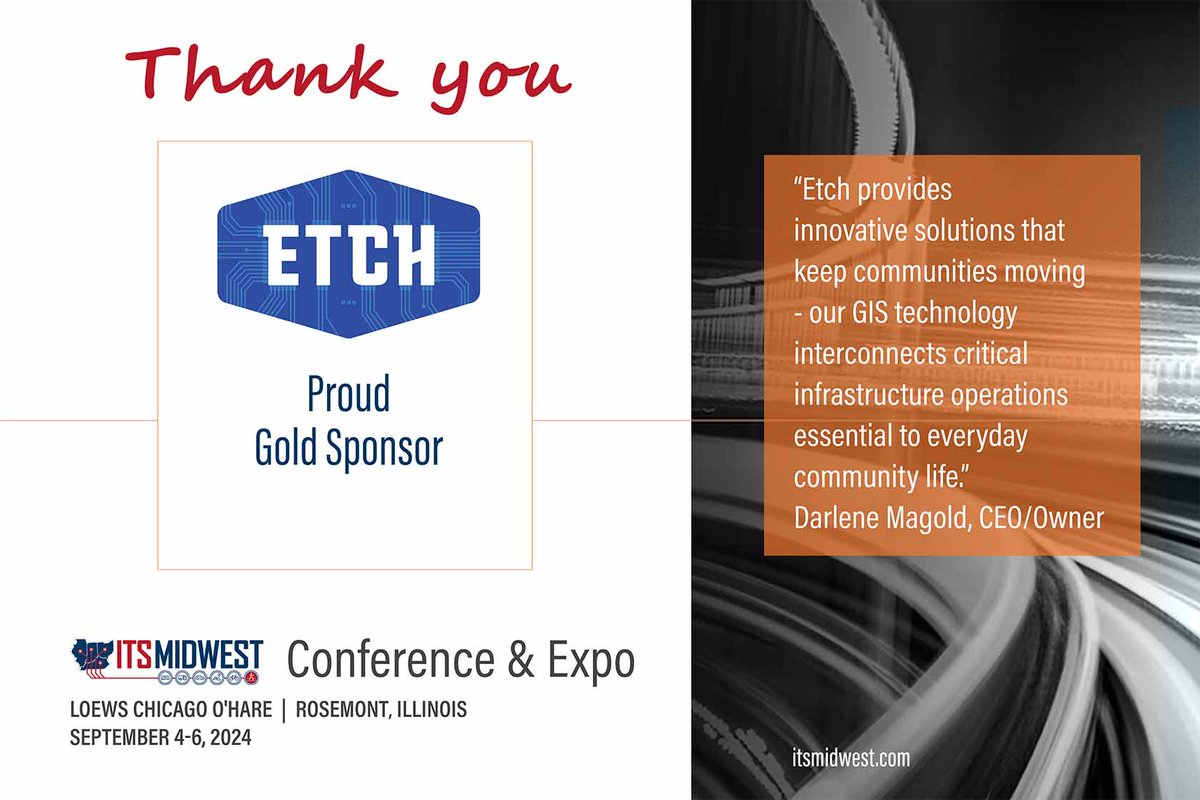👏 Thank you, Etch Ltd (👉etchgis.com), #ITSMW24 Gold Sponsor! 👏 We appreciate your support!
Become a #sponsor too👉 itsmidwest.com/meetinginfo.ph… &amp; let’s collaborate to shape the future! 🤝
#ThisisITS <a href="/DarleneMagold/">Darlene Magold</a>