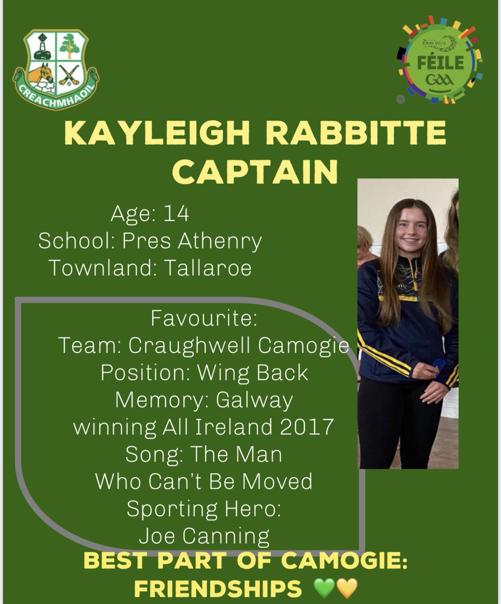 CraughwellCC's tweet photo. Excitement is building ahead of our U15 ladies heading to the Regional Fèile on Saturday. 

We’ll be meeting the Team &amp; Management over the next few days! 

First up is our Captain Kayleigh Rabbitte 💚💛 https://t.co/3M8AGmho5P