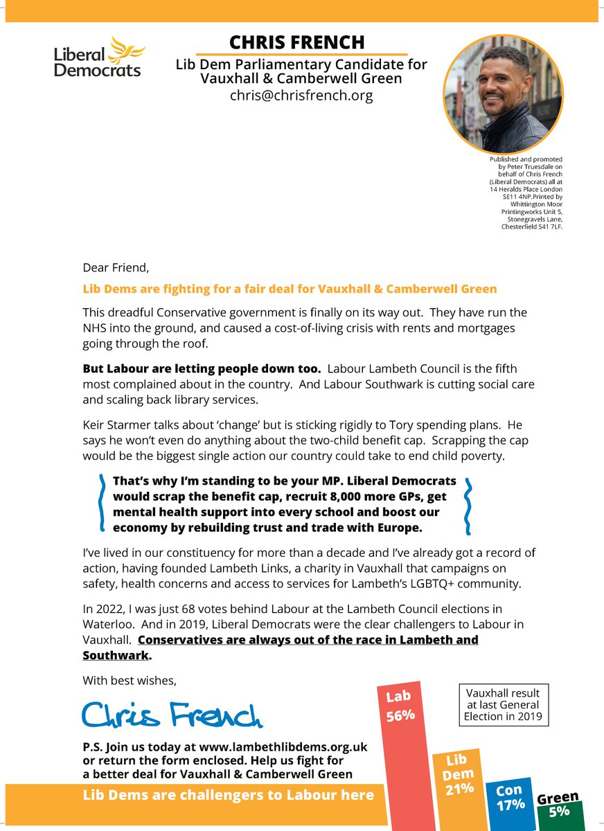 My campaign letters are landing!
 
I'm ready to fight For a Fair Deal: 
🔶Remove the 2 child limit and benefit cap
🔶Mental health support in every school
🔶Better access to GP and dental services

More detail: libdems.org.uk/manifesto

#LibDems #Vauxhall #CamberwellGreen #GE2024