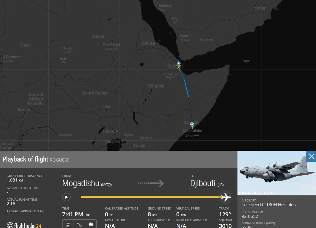 Dinlas3's tweet photo. 🇺🇸US Air Force (USAF) Lockheed C-130H Hercules w/ reg. 92-0552 as #ROGUE59 from 🇩🇯Camp Lemonnier, Djibouti to 🇸🇴Mogadishu, Somalia. #ADFE87 @Borrowed7Time https://t.co/x9l7aaj9on