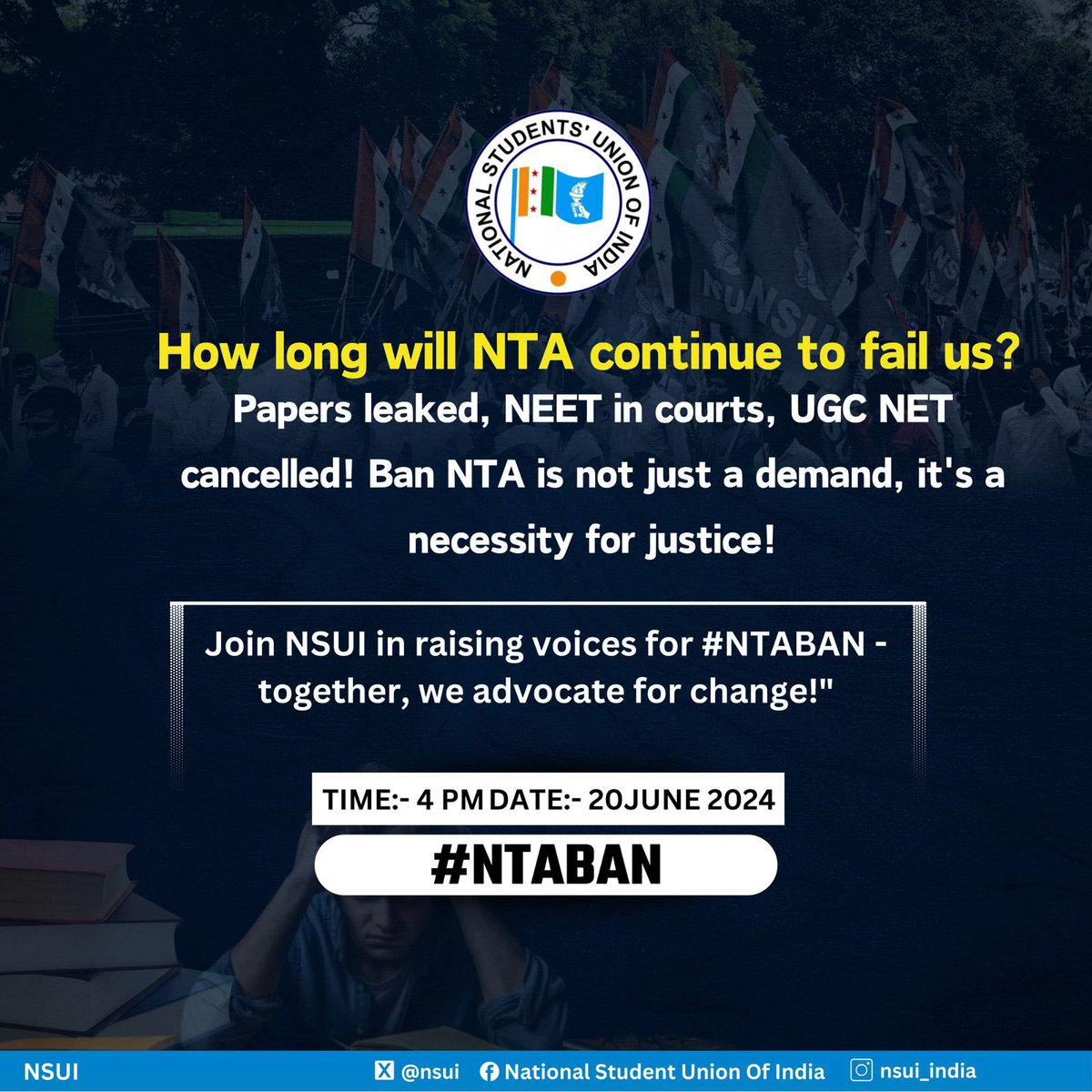 ravipandeyinc's tweet photo. How long will NTA Papers leaked, NEET in courts, UGC NET cancelled! Ban NTA is not just a demand, it's a necessity for justice!

Join NSUI in raising voices for #NTABAN - together, we advocate for change!"

TIME:- 4 PM DATE:- 20JUNE 2024

#NTABAN https://t.co/9IWLfMzk2O
