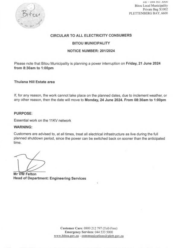 bitou_muni's tweet image. Please note that Bitou Municipality is planning a power interruption on Friday, 21 June 2024 from 8:30am to 1:00pm Thulana Hill Estate area.

#BitouUpdates #BitouElectricity #BitouServiceDelivery