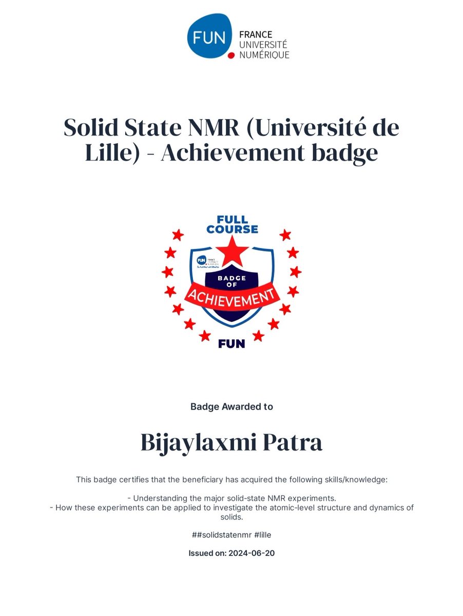 Earned an achievement badge in "solid-state #NMR on <a href="/FunMooc/">France Université Numérique</a> taught by Frédérique Pourpoint, Julien Trébosc and <a href="/LafonOlivier/">Olivier Lafon</a>. I am thankful to the whole team. It was a fun journey and I'm definitely looking forward to more fascinating lectures.