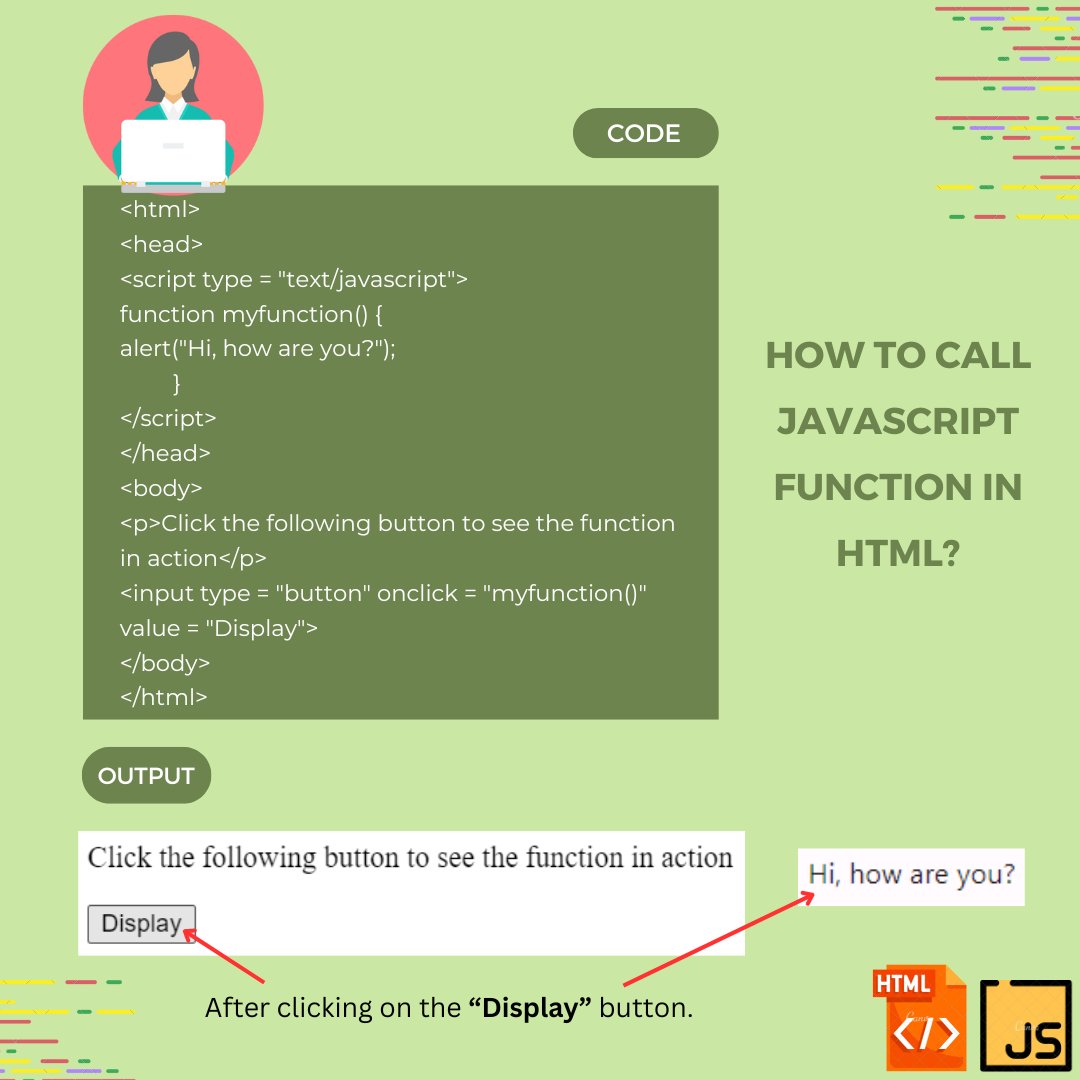 ArshikaSingh10's tweet image. How to call JavaScript function in HTML?
Learn more here: javatpoint.com/how-to-call-ja…
#java #date #datetostring #programming #coding #code #trending #education #technology #tech #engineering #software #development #softwaredevelopment #computer #computertechnology #example