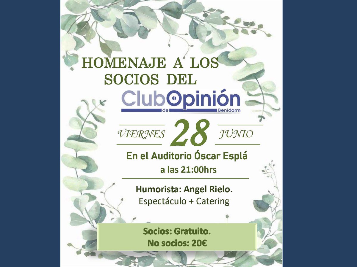 Homenaje a los socios tras 16 años del Club de Opinión #benidorm 🍾🎉
Para ello, contaremos con el humor y espectáculo de <a href="/AngelRielo/">Angelrielo</a> , para “que la vida merezca la risa”😃
🍴🥂Catering ofrecido por el <a href="/ClubOpinionBND/">Club Opinión BND</a>
📅28 JUNIO 📅
👇👇👇
clubopinion.com/homenaje-a-los…