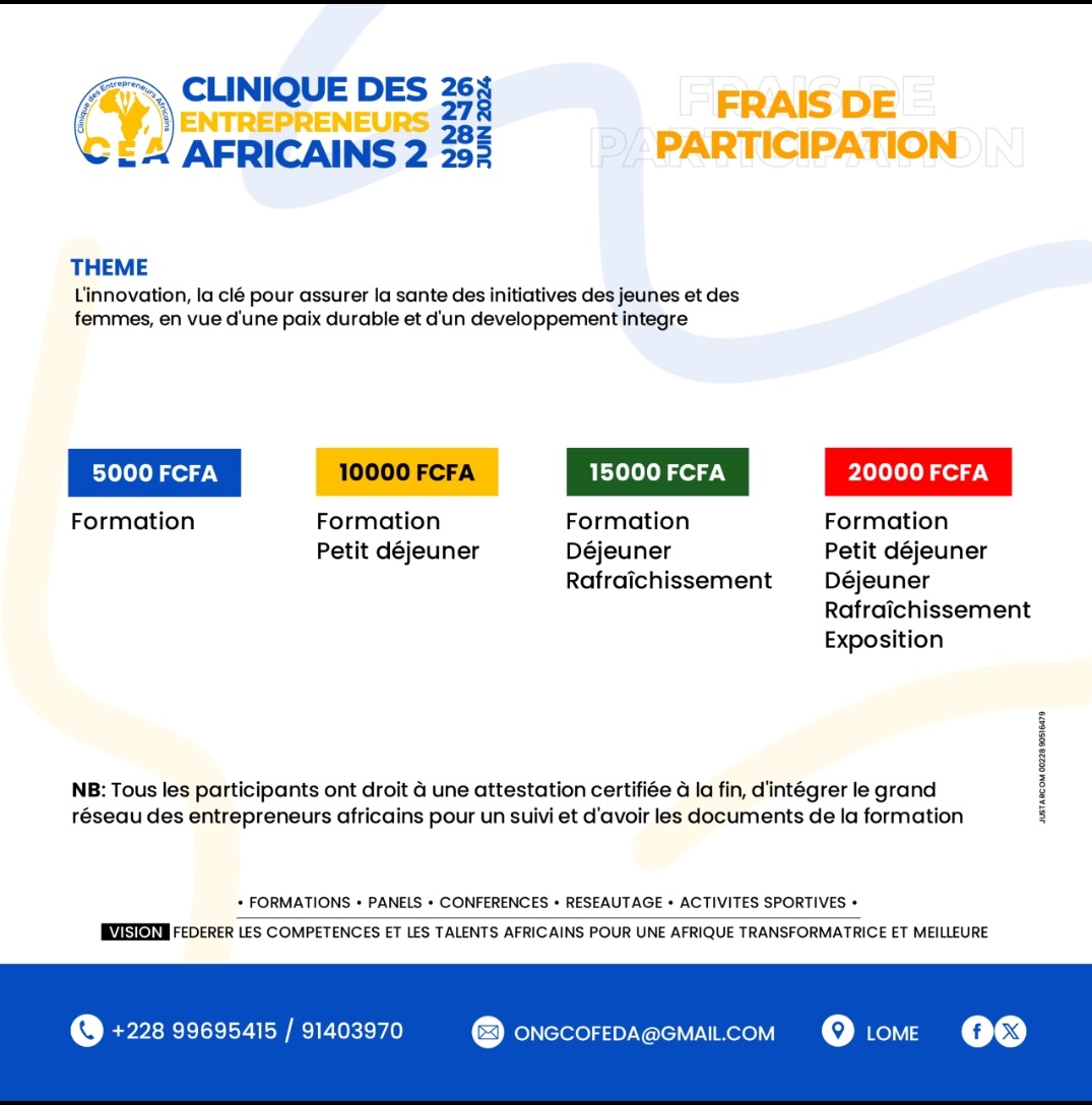 group_nrg's tweet photo. Dans exactement 6 jours débutera le programme "Clinique des Entrepreneurs Africains", du 26 au 29 juin 2024.

Un programme hautement formateur pour les jeunes de différents domaines d'activités avec des formateurs de référence. 

Inscrivez-vous sur le +228 91403970.

#CEA2024
#Tg https://t.co/JKc0lu6kQV