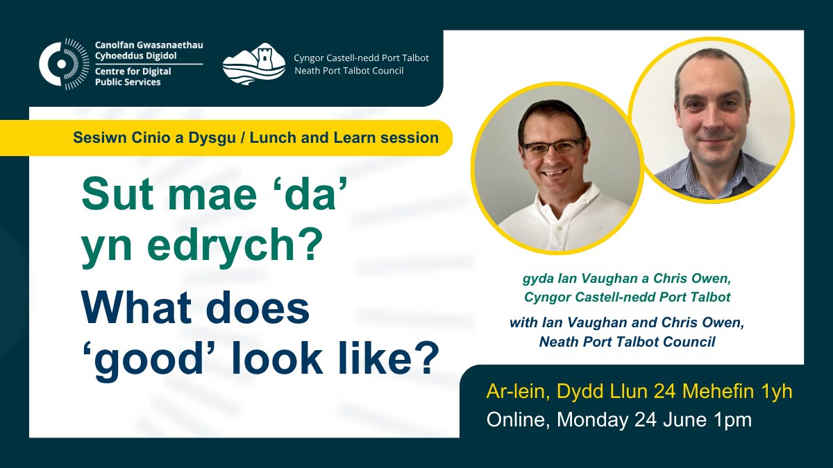 Join us on Monday for our next lunch and learn👩‍🏫🥙

We'll be joined by Ian Vaughan and @cmowen1 from <a href="/NPTCouncil/">Neath Port Talbot Council</a> to discuss strategic conditions for success, AI, and robotic process automation in their organisation.

Sign up: digitalpublicservices.gov.wales/courses-and-ev…