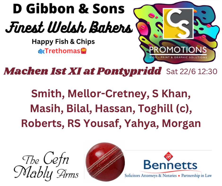 🏏Machen 1st XI selection to play at <a href="/PontypriddCC/">PontypriddCC</a> 💥
🏆<a href="/SEWCLeague/">SEWCL</a> Div 3
👏🏼Thanks to sponsors listed on teamsheet 👍🏼
<a href="/AllWalesSport/">All Wales Sport</a>