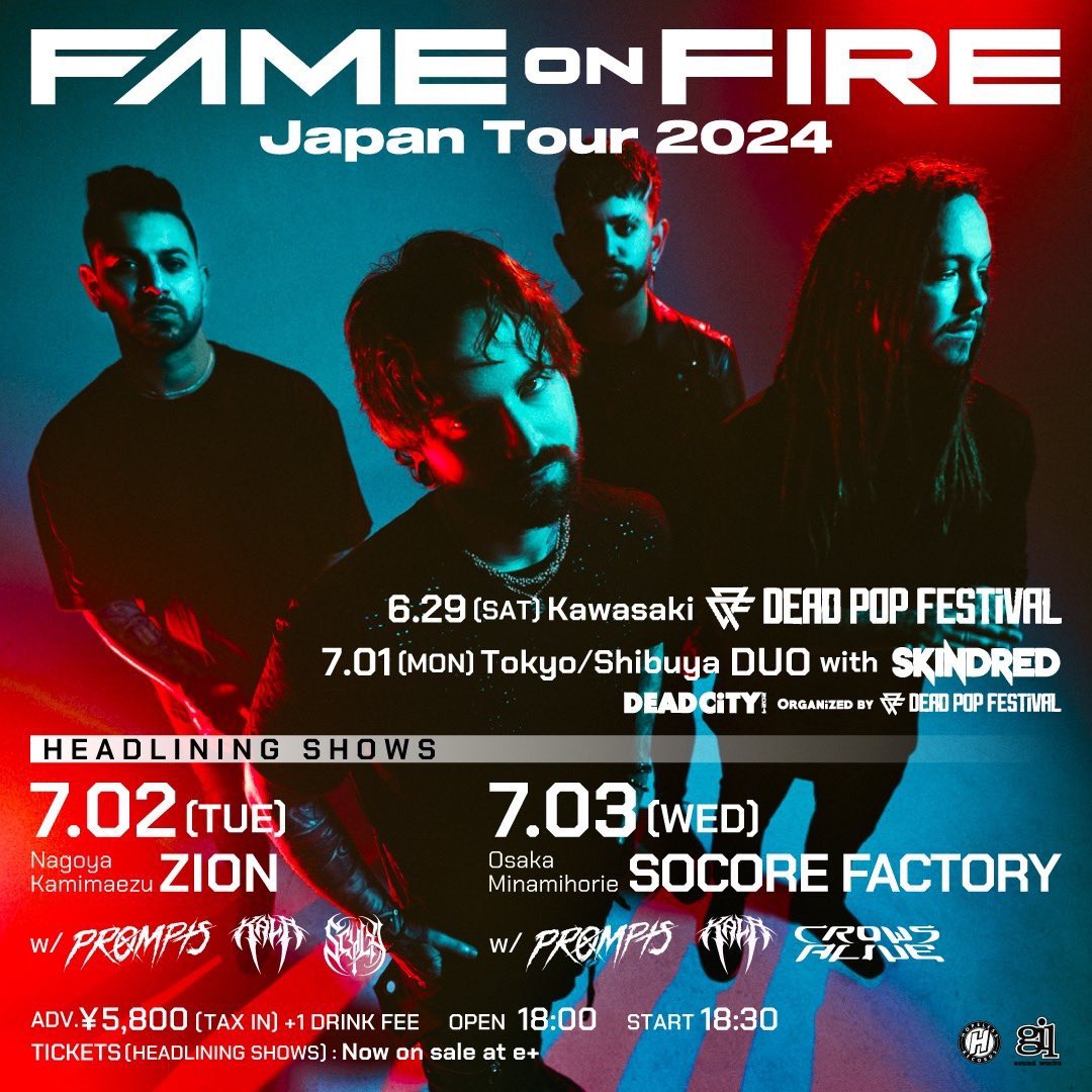 【開催間近】
Fame On Fire “Japan Tour 2024”
SiMの北米ツアーにサポートして帯同していたUSポストハードコアバンドのヘッドライン公演が名古屋と大阪で開催決定🔥

📅7/2(火) 愛知 - 名古屋CLUB Zion
📅7/3(水) 大阪 - 南堀江SOCORE FACTORY

🎟️チケットはコチラから🎟️
eplus.jp/sf/word/000016…