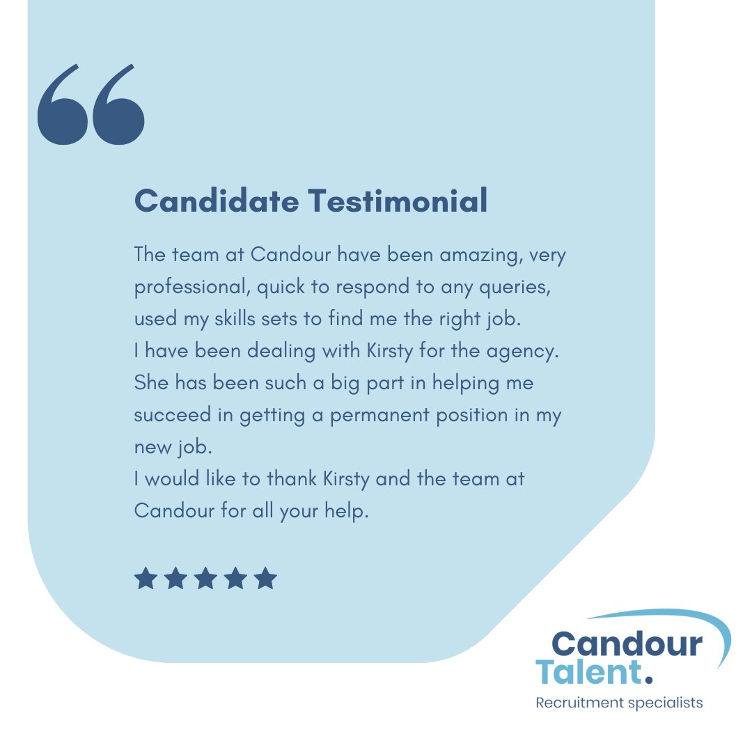 🌟 We're grateful for the kind words shared by one of our candidates! Kirsty, your hard work and commitment to finding the perfect fit for both the candidate and the company are truly commendable 🎉 

#TeamAppreciation #CandourTalent #Recruitment #Candidate #Testimonial #Success