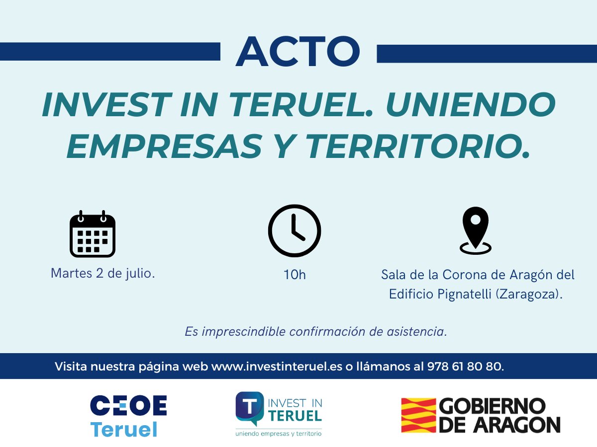 🔴 ¡Ven a conocer las ventajas y oportunidades de inversión que ofrece la provincia de Teruel!

📅 02/07/2024
⏰ 10h
📍 Sala de la Corona de Aragón del Edificio Pignatelli (Zaragoza).

✍️ ¡Inscríbete!: forms.gle/JhYr44QGKdm9Ub…  

#empresas #territorio #desarrollo #inversión
