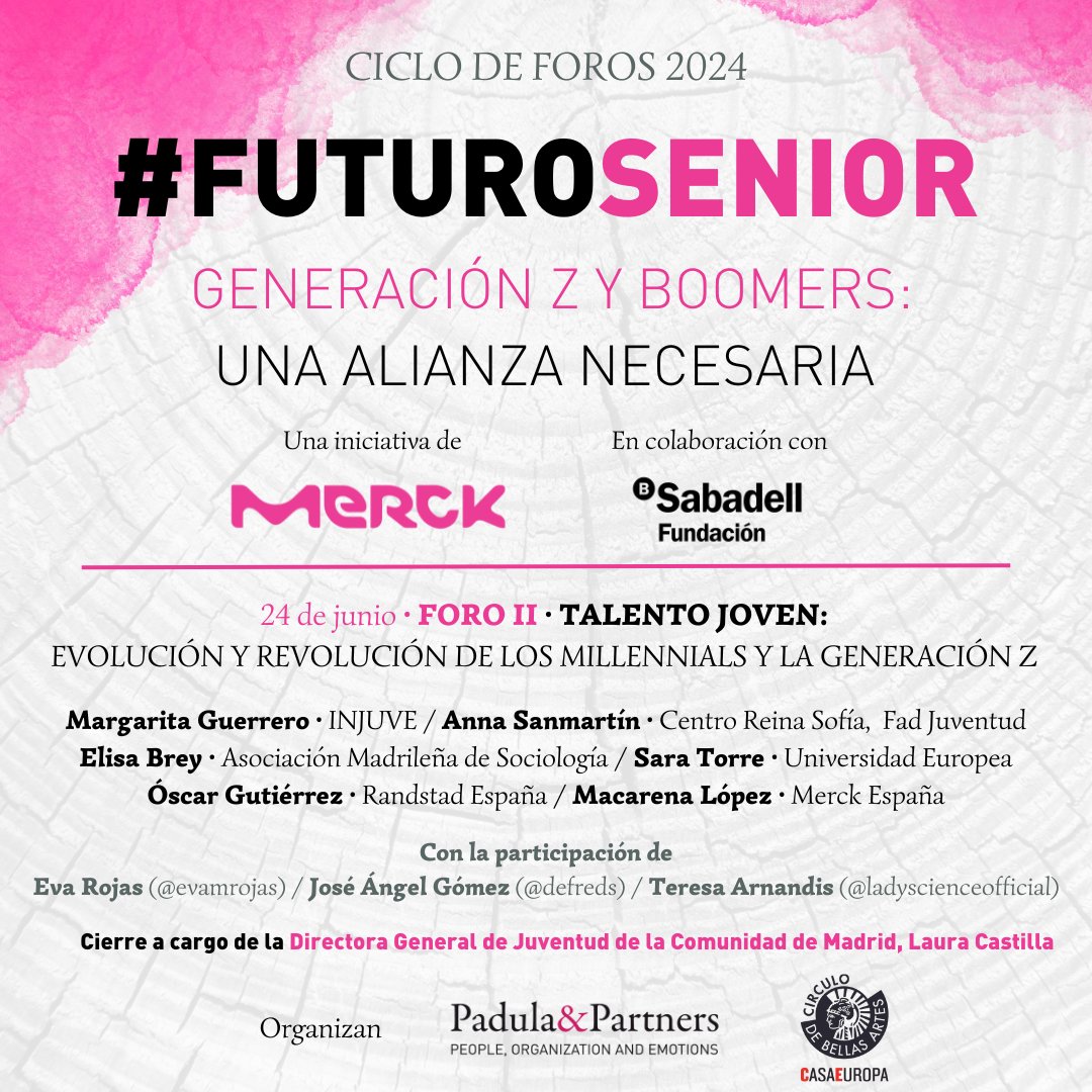 Merck España (@merck_es) on Twitter photo 👉No queda nada para nuestro segundo foro del ciclo #FuturoSenior. ¿Te has apuntado ya? ¡Te esperamos!
📅Lunes 24/6 a las 9:30h en <a href="/cbamadrid/">Círculo de Bellas Artes - Casa Europa</a>
📌Centrado en el talento más joven bajo el título "Evolución y revolución de los Millennials y la Generación Z"
🔗Apúntate 👉No queda nada para nuestro segundo foro del ciclo #FuturoSenior. ¿Te has apuntado ya? ¡Te esperamos!
📅Lunes 24/6 a las 9:30h en <a href="/cbamadrid/">Círculo de Bellas Artes - Casa Europa</a>
📌Centrado en el talento más joven bajo el título "Evolución y revolución de los Millennials y la Generación Z"
🔗Apúntate