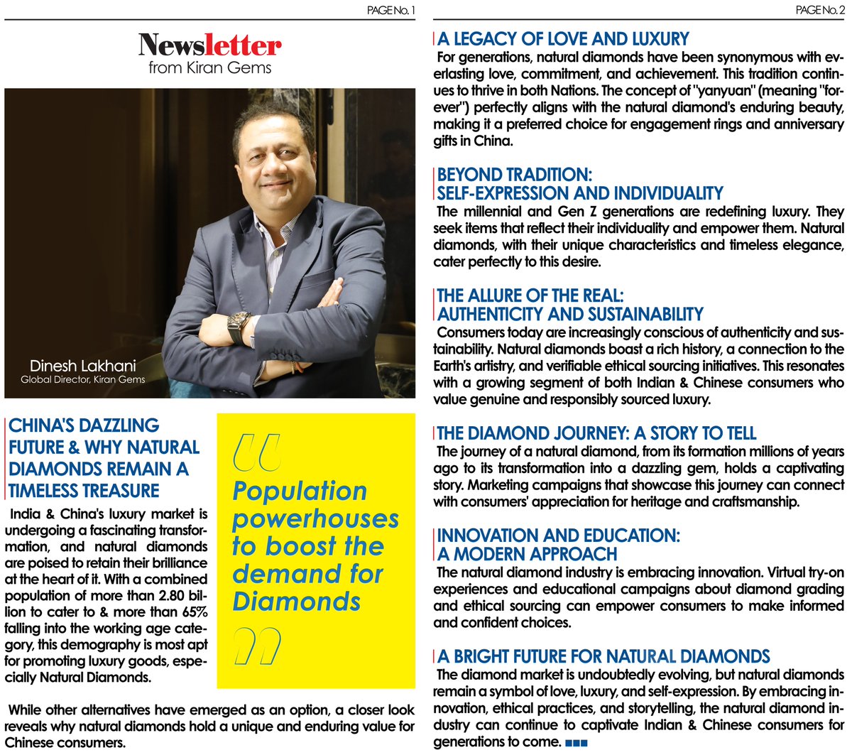 dineshmlakhani's tweet photo. Newsletter from Kiran Gems
Exclusive Insights from Dinesh Lakhani, Global Director at Kiran Gems:
"Unveiling Population Powerhouses to Boost Diamond Demand"
#kirangems
#naturaldiamonds
#world'slargestaturaldiamondmanufacturer
#onlynaturaldiamonds
#ethicalsource
#luxurygoods https://t.co/gtmLNt8j6O