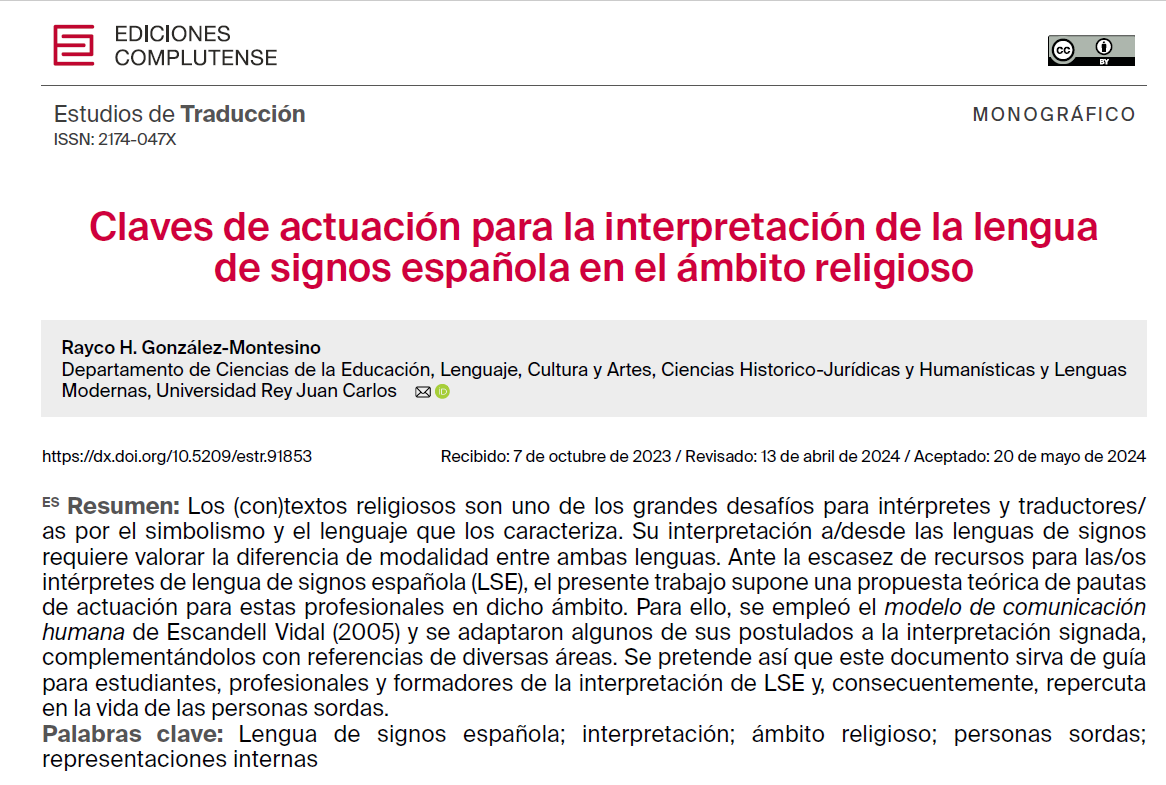 🥳¡Nuevo artículo!, fruto de mi tesis doctoral: "Claves de actuación para la interpretación de la lengua de signos española en el ámbito religioso", en el monográfico de <a href="/traduccion_de/">Estudios de Traducción</a>  Disponible👉doi.org/10.5209/estr.9… <a href="/gradoLSE_URJC/">Grado LSE URJC</a> <a href="/LacWasli/">Wasli LAC</a> <a href="/CNLSE/">CNLSE</a> @FILSE_ils_gi <a href="/riid_llss/">RIID_LLSS</a>