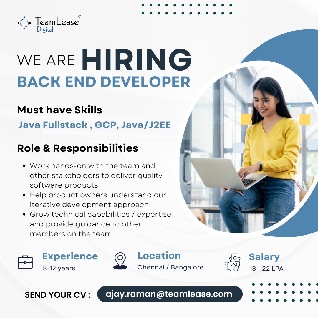 TeamLeaseDGT's tweet image. TeamLease Digital is hiring Backend Developer with over 8-12 years of experience for Chennai and Bangalore. 

Interested candidates can send their resume to Ajay.raman@teamlease.com

#java #javadeveloper #javajobs #techjobs #itjobs #developerjobs #fullstack