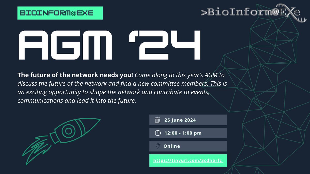 BioinformATExe's tweet image. #JoinUs for the 2024 Bioinform@Exe AGM to review the past year & talk about the #future of the #bioinformatic network of @UniofExeter. We're recruiting 3 people for our committee. This is an exciting opportunity to shape the network,contribute to events & lead it into the future.