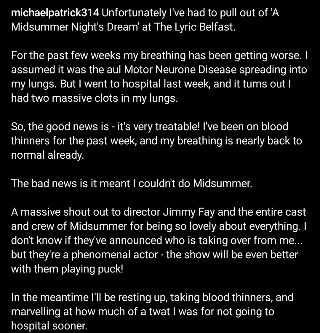 micktheejit's tweet photo. I've had to pull out of 'Midsummer' at @LyricBelfast 😥

Been a pretty mad week - but out of hospital and all now - and my breathing is the best it's been for months. https://t.co/atqBx4CyBq
