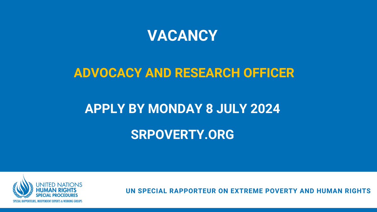 UN Special Rapporteur on poverty and human rights (@srpoverty) on Twitter photo š¢I'm looking for an Advocacy and Research Officer to join my team & support <a href="/srpoverty/">UN Special Rapporteur on poverty and human rights</a> to influence global policy making on #poverty & #HumanRights
Apply by Monday 8 July 2024: srpoverty.org/2024/06/14/advā¦
#Hiring #Jobs š¢I'm looking for an Advocacy and Research Officer to join my team & support <a href="/srpoverty/">UN Special Rapporteur on poverty and human rights</a> to influence global policy making on #poverty & #HumanRights
Apply by Monday 8 July 2024: srpoverty.org/2024/06/14/advā¦
#Hiring #Jobs