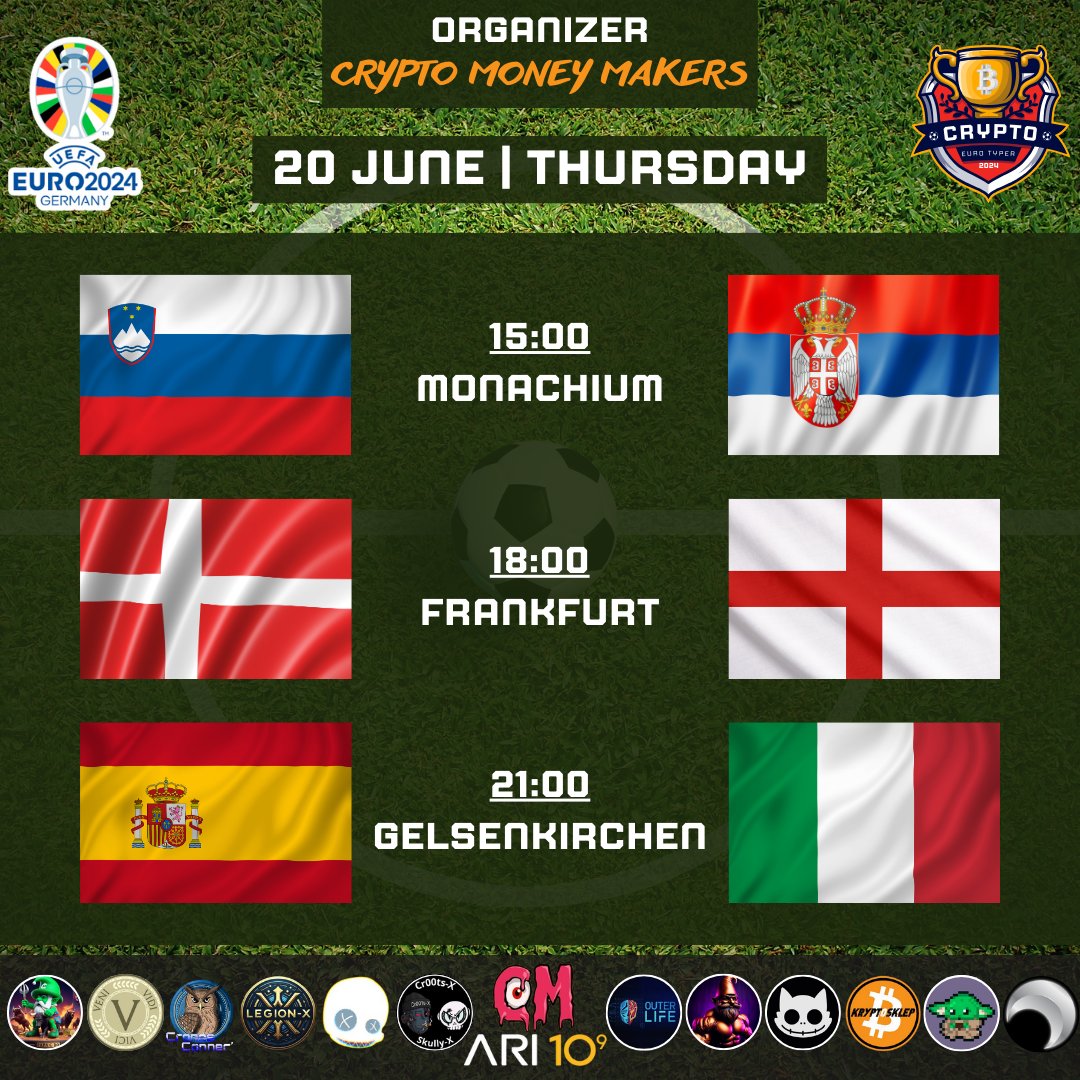 Hey #CryptoWorld 👊
We are back on track - DAY 7 of #CryptoEuroTyper ⚽️

Today we have 3 matches and big game 🇪🇸 vs 🇮🇹💥
Joins us and have fun od discord!  
discord.com/invite/SfEpRvm…

We have also released ROUND 1 results 👇