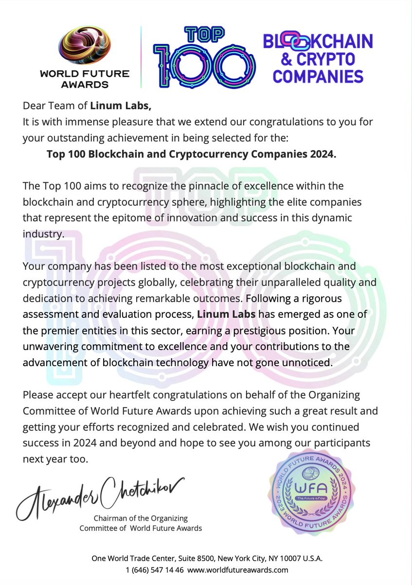 LinumLabs's tweet photo. Linum Labs is proud to be named one of the Top 100 Blockchain & Cryptocurrency Companies of 2024 by the World Future Awards!

Shoutout to our incredible team and partners – this win is for you! 🚀 https://t.co/aeej1QYJyM

#WorldFutureAwards #Blockchain #Crypto #Web3 #Tech #LinumLabs