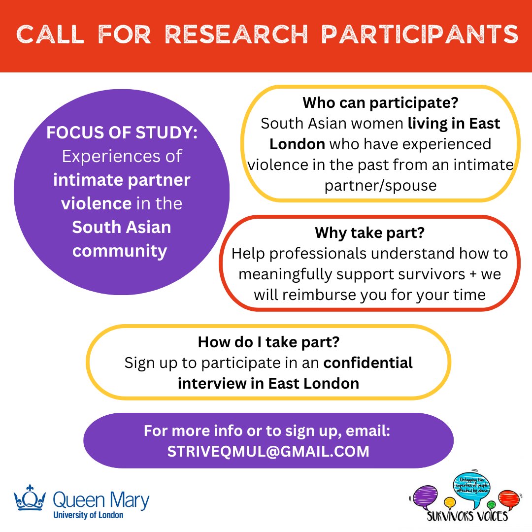 Survivors Voices (@voiceofsurvivor) on Twitter photo Are you a South Asian woman in East London who’s experienced intimate partner violence in the past? You are invited to take part in a confidential interview about your experience. Email STRIVEQMUL@GMAIL.COM for more info & help professionals better support South Asian survivors Are you a South Asian woman in East London who’s experienced intimate partner violence in the past? You are invited to take part in a confidential interview about your experience. Email STRIVEQMUL@GMAIL.COM for more info & help professionals better support South Asian survivors