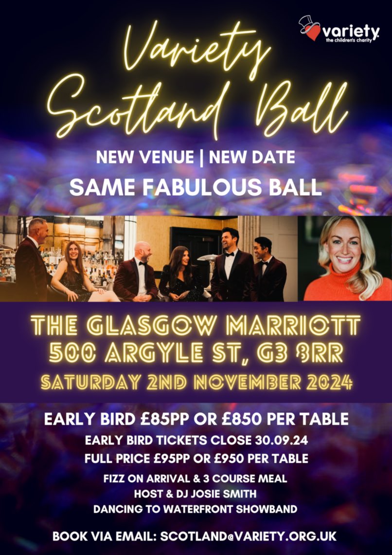 Please join #VarietyScotland for an evening of dancing 💃🏻 and top-class entertainment at our Annual Ball &amp; Party 🎉 
￼Table bookings &amp; individual tickets available. 
📍Saturday 2nd November 2024
The Glasgow Marriott Hotel, 500 Argyll Street
shop.variety.org.uk/collections/ti… 
#charityball