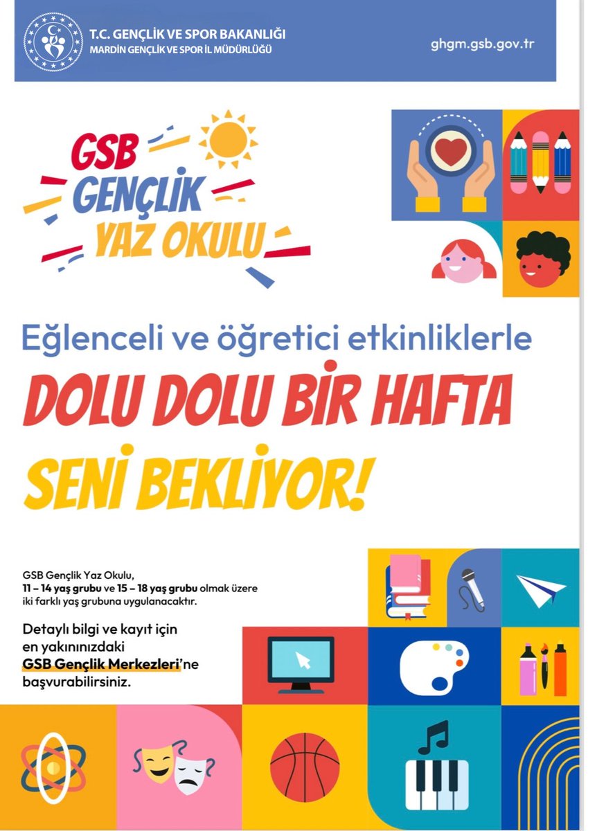 Mardin Gençlik ve Spor İl Müdürlüğü (@gsb_mardin) on Twitter photo ☀️GSB Gençlik Yaz Okulu, 1 Temmuz'dan itibaren 81 ilde gençlere kapısını açıyor. Çok eğlenecek, çok öğreneceksiniz gençler... 
Bekliyoruz!🙋🏻♂️
📚📝🔭🧬🎨🏀🎭🎶
📌Detaylı bilgi ve kayıt için en yakınınızdaki Gençlik Merkezine başvurabilirsiniz. ☀️GSB Gençlik Yaz Okulu, 1 Temmuz'dan itibaren 81 ilde gençlere kapısını açıyor. Çok eğlenecek, çok öğreneceksiniz gençler... 
Bekliyoruz!🙋🏻♂️
📚📝🔭🧬🎨🏀🎭🎶
📌Detaylı bilgi ve kayıt için en yakınınızdaki Gençlik Merkezine başvurabilirsiniz.