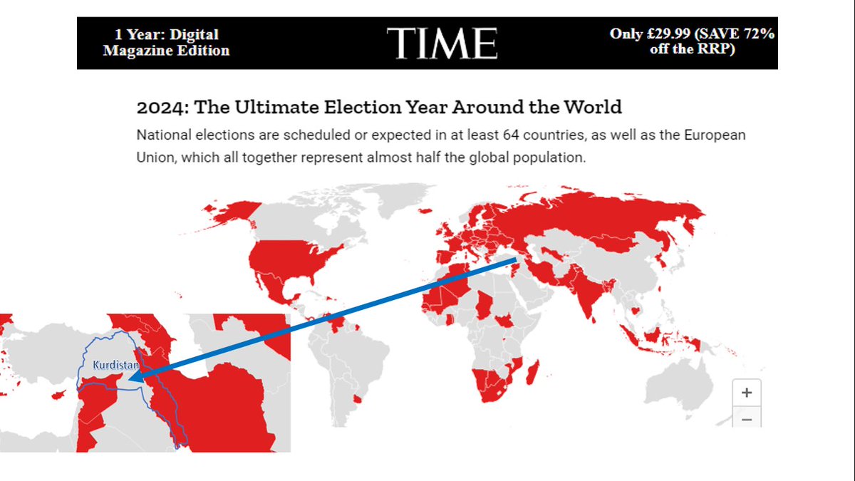 USKTHEGREAT's tweet photo. 2024 is not just an election year. It’s perhaps the *Election Year* But Only Kurds are not allowed to vote

In this year ,globally, more voters than ever in history will head to the polls as at least 64 countries (plus the European Union)—representing a combined population of about 49% of the people in the world—are meant to hold national elections, the results of which, for many, will prove consequential for years to come.
However and unfortunately, its only Kurds in Kurdistan who will not be able to vote due to the policies of the four occupier states who will not allow election!
 In fact they will attack and invade the liberated Kurdish regions of Kurdistan if they dare to organize election!
What a world we live in! 
What an irony is this!
While millions of people will be given a chance to  vote around the globe Kurds will not be able to do so!

Because:
Iran will only allow election in Kurdish regions if they impose their own candidates
In Turkey they did allow some sort of election where Kurds managed to elect some of their candidates but unfortunately the Turkish gov. decided to replace the Kurdish candidates with secret agents of the government and sent the Kurdish reps to jail.

In the liberated region of South Kurdistan, Iraqi state interfere in the local election and currently its not clear when there will be a free and fare election!
especially in Kirkuk, Xanaqin, Sinjar and other municipalities which are currently under Iraqi occupation. 
In Rojava, West of Kurdistan recently the Kurdish local authority planned an election but Turkey's Erdogan threatened them by saying:
" Will will attack Rojava and destroy the Kurdish entity if they plan election "

2024 is The Ultimate Election Year but only Kurds are not allowed to vote

Below list of all the Elections Around the World already done or planned to be held in 2024:

INDIA
Population: 1.44B
Election(s): Lok Sabha (House of the People)
Date(s): expected April - May
Freedom and Fairness Score: 0.53

EUROPEAN UNION
Population: 448M (total of 27 E.U. member states)
Election(s): European Parliament
Date(s): June 6-9
Freedom and Fairness Score: 0.91 (average of 27 E.U. member states)

UNITED STATES OF AMERICA

Population: 341M
Election(s): Presidency, Senate, and House of Representatives
Date(s): Nov. 5
Freedom and Fairness Score: 0.83

INDONESIA
Population: 279M
Election(s): Presidency, Regional Representative Council, House of Representatives
Date(s): Feb. 14
Freedom and Fairness Score: 0.68

PAKISTAN
Population: 243M
Election(s): National Assembly
Date(s): Feb. 8
Freedom and Fairness Score: 0.30

BANGLADESH
Population: 174M
Election(s): National Parliament
Date(s): Jan. 7
Freedom and Fairness Score: 0.16

RUSSIAN FEDERATION
Population: 144M
Election(s): Presidency
Date(s): March 15-17
Freedom and Fairness Score: 0.25

MEXICO

Population: 129M
Election(s): Presidency, Senate, Chamber of Deputies
Date(s): June 2
Freedom and Fairness Score: 0.75

IRAN (ISLAMIC REPUBLIC OF)
Population: 89.5M
Election(s):  Islamic Consultative Assembly, Assembly of Experts
Date(s): March 1
Freedom and Fairness Score: 0.32

UNITED KINGDOM
Population: 67.9M
Election(s): House of Commons
Date(s): expected in 2024, required by Jan. 28, 2025
Now: 04 July
Freedom and Fairness Score: 0.93

SOUTH AFRICA

Population: 60.7M
Election(s): National Assembly
Date(s): expected May - August
Freedom and Fairness Score: 0.72

REPUBLIC OF KOREA [SOUTH KOREA
Population: 51.8M
Election(s): National Assembly
Date(s): April 10
Freedom and Fairness Score: 0.95

ALGERIA

Population: 46M
Election(s): Presidency
Date(s): expected in December
Freedom and Fairness Score: 0.29

UKRAINE
Population: 37.4M
Election(s): Presidency
Date(s): scheduled* March 31 (*may not occur due to martial law)
Freedom and Fairness Score: 0.57

UZBEKISTAN

Population: 35.4M
Election(s): Legislative Chamber
Date(s): expected in October, due by December
Freedom and Fairness Score: 0.33

GHANA

Population: 34.4M
Election(s): Presidency, Parliament
Date(s): Dec. 7
Freedom and Fairness Score: 0.62

MOZAMBIQUE

Population: 34.4M
Election(s): Presidency, Assembly of the Republic
Date(s): Oct. 9
Freedom and Fairness Score: 0.18

MADAGASCAR

Population: 30.7M
Election(s): National Assembly
Date(s): due by May
Freedom and Fairness Score: 0.43

VENEZUELA, BOLIVARIAN REPUBLIC OF

Population: 29.1M
Election(s): Presidency
Date(s): expected in December
Freedom and Fairness Score: 0.11

DEMOCRATIC PEOPLE’S REPUBLIC OF KOREA [NORTH KOREA]

Population: 26.2M
Election(s): Supreme People’s Assembly
Date(s): April 10
Freedom and Fairness Score: 0.14

TAIWAN

Population: 23.9M
Election(s): Presidency, Legislative Yuan
Date(s): Jan. 13
Freedom and Fairness Score: 0.94

SYRIAN ARAB REPUBLIC

Population: 23.8M
Election(s): People’s Assembly
Date(s): TBD
Freedom and Fairness Score: 0.00

MALI

Population: 23.6M
Election(s): Presidency
Date(s): scheduled for February, junta postponed indefinitely for “technical reasons”
Freedom and Fairness Score: 0.00

SRI LANKA

Population: 21.9M
Election(s): Presidency, Parliament
Date(s): TBD
Freedom and Fairness Score: 0.76

ROMANIA

Population: 19.7M
Election(s): Presidency, Senate, Chamber of Deputies
Date(s): expected November - December
Freedom and Fairness Score: 0.86

CHAD

Population: 18.6M
Election(s): Presidency
Date(s): expected in October
Freedom and Fairness Score: 0.00

SENEGAL

Population: 18.0M
Election(s): Presidency
Date(s): Feb. 25
Freedom and Fairness Score: 0.75

CAMBODIA

Population: 17.0M
Election(s): Senate
Date(s): Feb. 25
Freedom and Fairness Score: 0.14

RWANDA

Population: 14.3M
Election(s): Presidency, Chamber of Deputies
Date(s): July 15
Freedom and Fairness Score: 0.37

TUNISIA

Population: 12.5M
Election(s): Presidency
Date(s): expected in fall
Freedom and Fairness Score: 0.02

BELGIUM

Population: 11.7M
Election(s): Chamber of Representatives
Date(s): June 9
Freedom and Fairness Score: 0.97

DOMINICAN REPUBLIC

Population: 11.4M
Election(s): Presidency, Senate, Chamber of Deputies
Date(s): May 19
Freedom and Fairness Score: 0.63

JORDAN

Population: 11.4M
Election(s): House of Representatives
Date(s): expected in November
Freedom and Fairness Score: 0.49

SOUTH SUDAN

Population: 11.2M
Election(s): Presidency, National Legislature
Date(s): expected in December
Freedom and Fairness Score: 0.00

CZECHIA [CZECH REPUBLIC]

Population: 10.5M
Election(s): Senate
Date(s): TBD
Freedom and Fairness Score: 0.95

AZERBAIJAN
Population: 10.4M
Election(s): Presidency
Date(s): Feb. 7
Freedom and Fairness Score: 0.08

PORTUGAL

Population: 10.2M
Election(s): Assembly of the Republic
Date(s): March 10
Freedom and Fairness Score: 0.95

BLARUS

Population: 9.5M
Election(s): Chamber of Representatives
Date(s): Feb. 25
Freedom and Fairness Score: 0.14

TOGO

Population: 9.2M
Election(s): National Assembly
Date(s): expected in early 2024
Freedom and Fairness Score: 0.40

AUSTRIA

Population: 9.0M
Election(s): National Council
Date(s): expected on Sept. 29
Freedom and Fairness Score: 0.93

EL SALVADOR

Population: 6.4M
Election(s): Presidency, Legislative Assembly
Date(s): Feb. 4
Freedom and Fairness Score: 0.35
SLOVAKIA
Population: 5.7M
Election(s): Presidency
Date(s): TBD
Freedom and Fairness Score: 0.93

FINLAND

Population: 5.5M
Election(s): Presidency
Date(s): Jan. 28
Freedom and Fairness Score: 0.96

MAURITANIA

Population: 4.9M
Election(s): Presidency
Date(s): June 22
Freedom and Fairness Score: 0.42

PANAMA

Population: 4.5M
Election(s): Presidency, National Assembly
Date(s): May 5
Freedom and Fairness Score: 0.86

CROATIA

Population: 4.0M
Election(s): Presidency, Parliament
Date(s): presidential election expected in December; date of parliamentary elections TBD
Freedom and Fairness Score: 0.92

GEORGIA

Population: 3.7M
Election(s): Presidency, Parliament
Date(s): parliamentary elections on Oct. 26; date of presidential election TBD
Freedom and Fairness Score: 0.59

MONGOLIA

Population: 3.5M
Election(s): State Great Khural
Date(s): expected in June
Freedom and Fairness Score: 0.65

URUGUAY

Population: 3.4M
Election(s): Presidency, Senate, Chamber of Representatives
Date(s): Oct. 27
Freedom and Fairness Score: 0.93

REPUBLIC OF MOLDOVA

Population: 3.4M
Election(s): Presidency
Date(s): expected in November
Freedom and Fairness Score: 0.82

LITHUANIA

Population: 2.7M
Election(s): Presidency, Seimas
Date(s): presidential election on May 12; parliamentary elections on Oct. 13
Freedom and Fairness Score: 0.89

BOTSWANA

Population: 2.7M
Election(s): National Assembly
Date(s): expected in October
Freedom and Fairness Score: 0.58

NAMIBIA

Population: 2.6M
Election(s): Presidency, National Assembly
Date(s): TBD
Freedom and Fairness Score: 0.65

GUINEA BISSAU

Population: 2.2M
Election(s): Presidency
Date(s): TBD
Freedom and Fairness Score: 0.23

NORTH MACEDONIA

Population: 2.1M
Election(s): Presidency, Assembly
Date(s): presidential election on April 24; parliamentary elections on May 8
Freedom and Fairness Score: 0.60

MAURITIUS

Population: 1.3M
Election(s): National Assembly
Date(s): TBD
Freedom and Fairness Score: 0.57

COMOROS

Population: 0.86M
Election(s): Presidency
Date(s): Jan. 14
Freedom and Fairness Score: 0.07

Population: 0.79M
Election(s): National Assembly
Date(s): Jan. 9
Freedom and Fairness Score: 0.85

SOLOMON ISLANDS

Population: 0.75M
Election(s): National Parliament
Date(s): expected in April
Freedom and Fairness Score: 0.63

MALDIVES

Population: 0.52M
Election(s): People’s Majlis
Date(s): expected March - May
Freedom and Fairness Score: 0.66

ICELAND

Population: 0.38M
Election(s): Presidency
Date(s): June 1
Freedom and Fairness Score: 0.89

KIRIBATI

Population: 0.14M
Election(s): Presidency, House of Assembly
Date(s): TBD
Freedom and Fairness Score: not available

SAN MARINO

Population: 0.03M
Election(s): Grand and General Council
Date(s): expected in December
Freedom and Fairness Score: NA

PALAU

Population: 0.02M
Election(s): Presidency, Senate, House of Delegates
Date(s): Nov. 12
Freedom and Fairness Score: NA

TUVALU

Population: 0.01M
Election(s): Parliament
Date(s): Jan. 26
Freedom and Fairness Score: NA

Kurdistan *Rojava, South, North and East regions*

Population: Nearly 50M (Though none of occupied states give genuine statistics 
Election(s): Presidency, House of Assembly and Local governments  
Date(s): TBD 
Freedom and Fairness Score: It will be if Iran, Iraq, Turkey and Syria allow it

#2024_elections
#kurdistan
#free_fair_election_In_Kurdistan

Ref:
The Ultimate Election Year:

https://t.co/FWfDG7uVpw