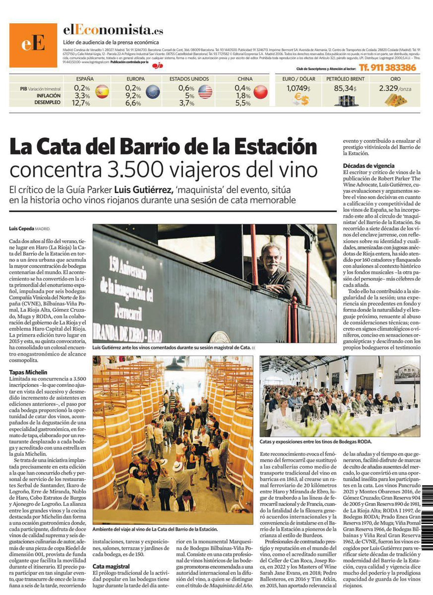 La crónica de Luis Cepeda <a href="/cepedaOn/">Luis Cepeda</a> en la contraportada de <a href="/elEconomistaes/">elEconomista.es</a> relata la experiencia vivida en la cata <a href="/BarriodEstacion/">Barrio de la Estación</a> de Haro, la gran cita de enogastronomía, y el viaje en el tiempo a través de siete décadas con <a href="/LuisGutierrezSD/">Luis Gutierrez</a> y ocho grandes vinos de Rioja